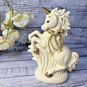 Vintage Porcelain Rearing Unicorn Figurine Gold Horn Hooves Ribbon Rhinestone